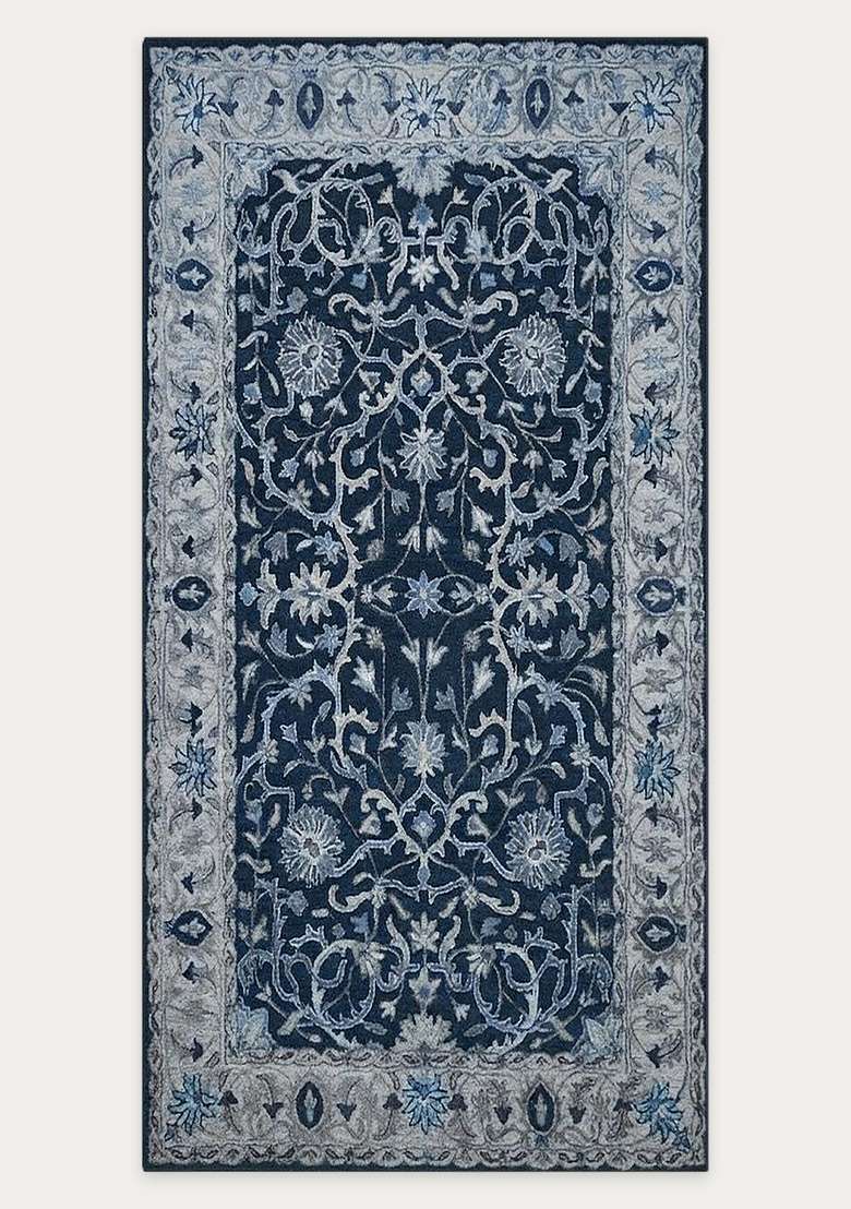 Saffron Rugs Navy Blue Oriental Floral Hand Tufted Wool Rectangular Rug - Indya