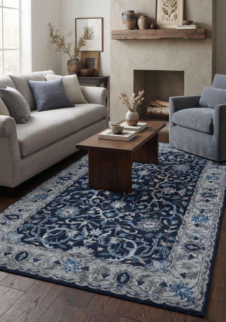 Saffron Rugs Hand-Tufted 100% Wool Area Rug | Navy Blue Rectangular Rug | Cotton Backing | Oriental Floral Carpet for Living Room - Indya
