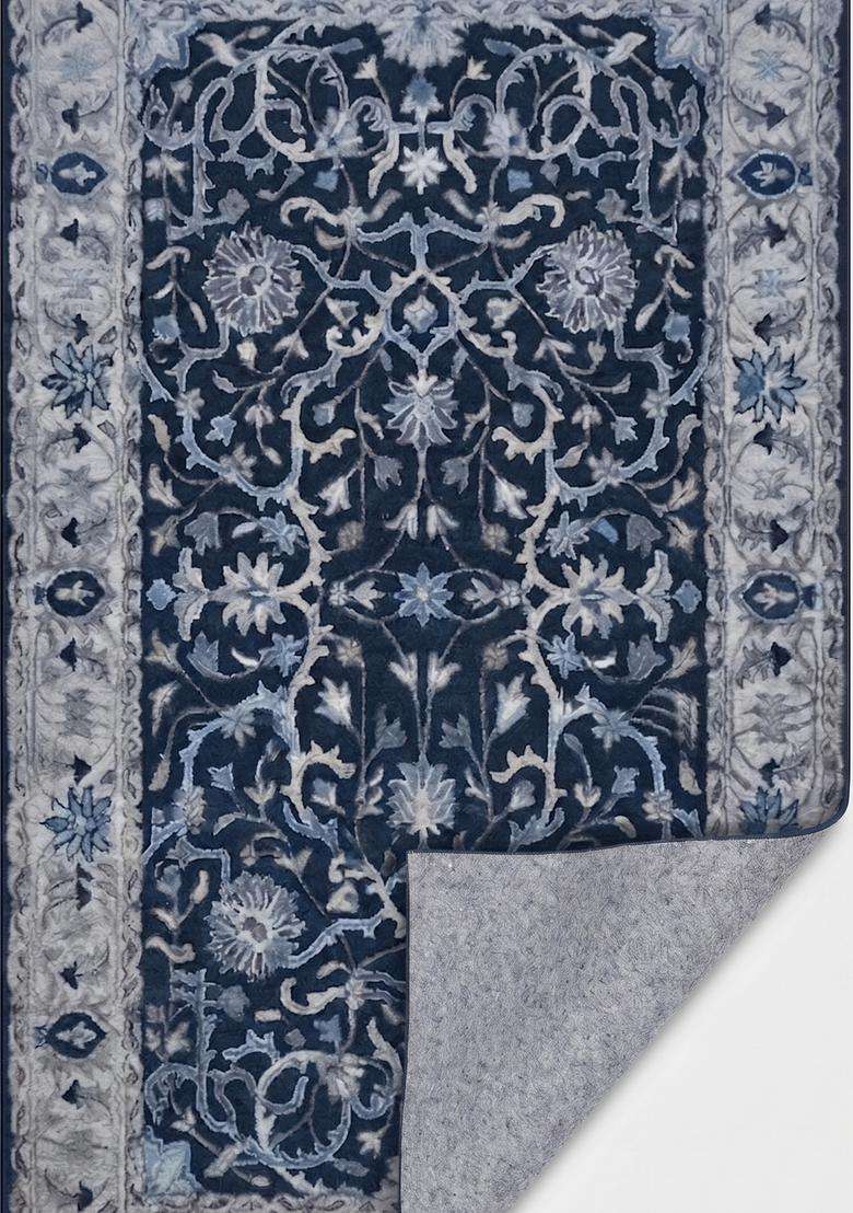 Saffron Rugs Navy Blue Oriental Floral Hand Tufted Wool Rectangular Rug - Indya