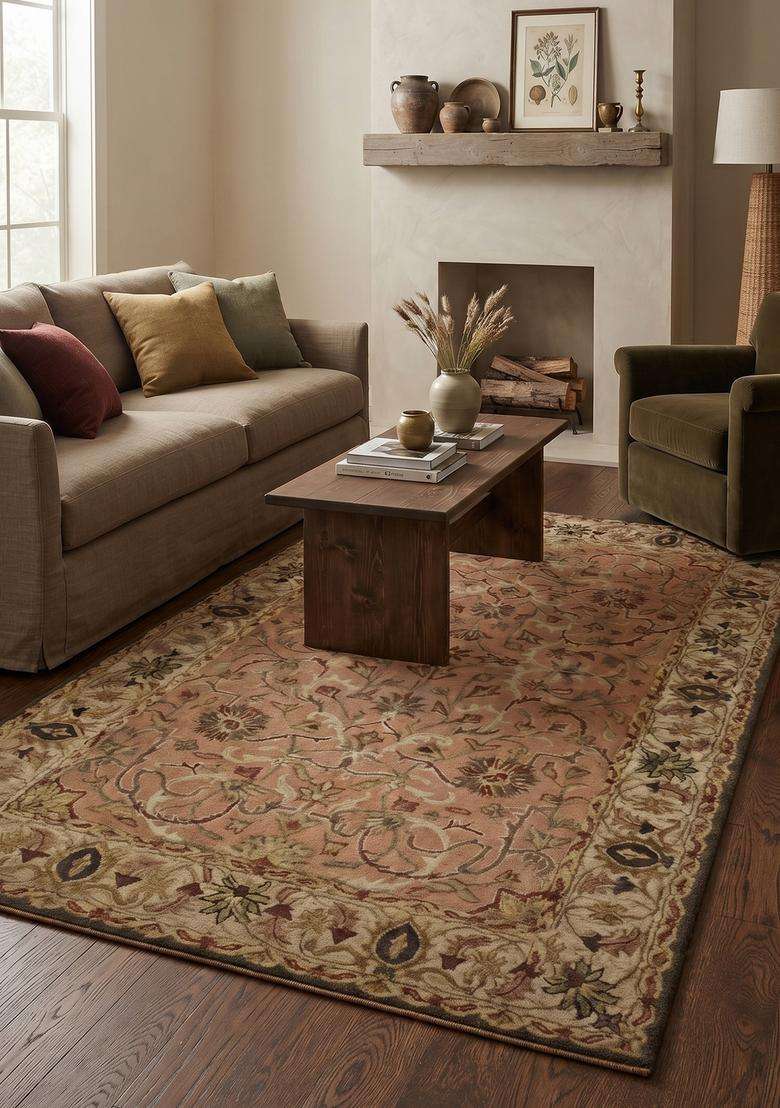 Saffron Rugs Dusty Rose Classic Floral Hand Tufted Wool Rectangular Rug - Indya