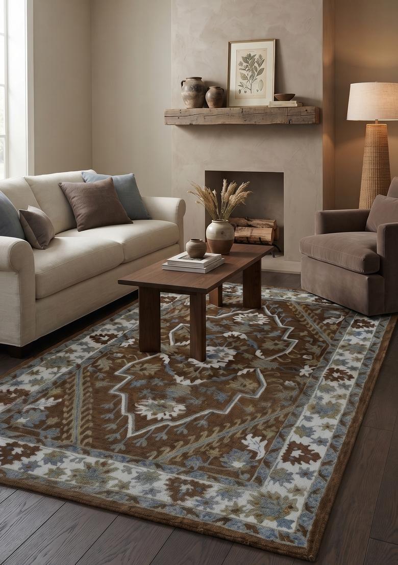 Saffron Rugs Brown Oriental Floral Hand Tufted Wool Rectangular Rug - Indya