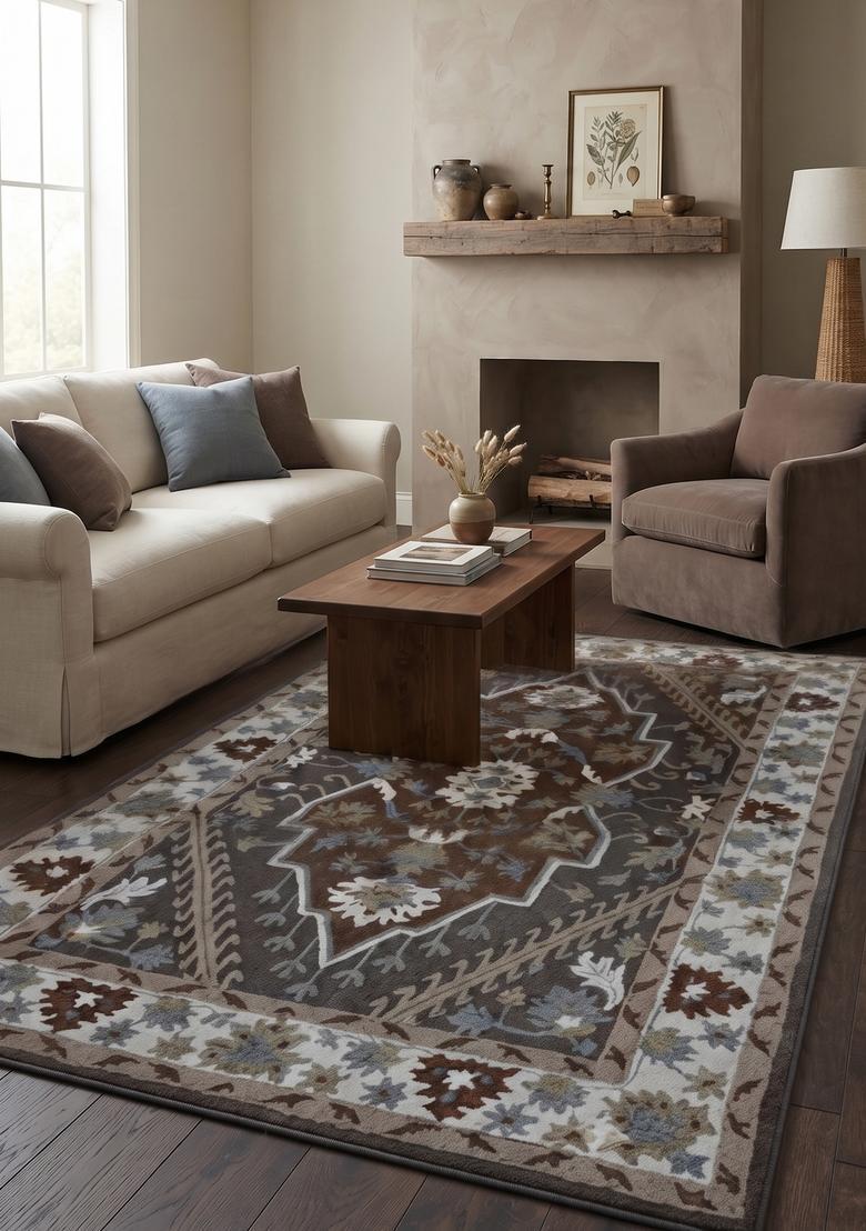 Saffron Rugs Grey Brown Oriental Geometric Hand Tufted Wool Rectangular Rug - Indya