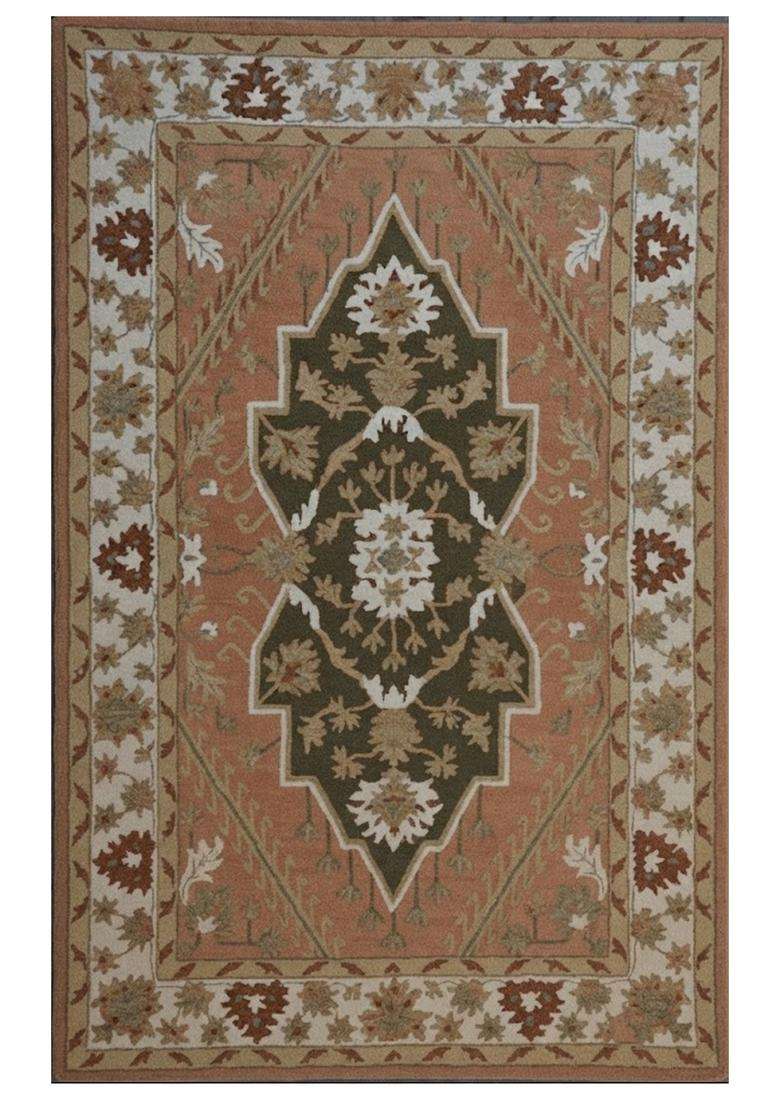 Saffron Rugs Terracotta Oriental Floral Hand Tufted Wool Rectangular Rug - Indya