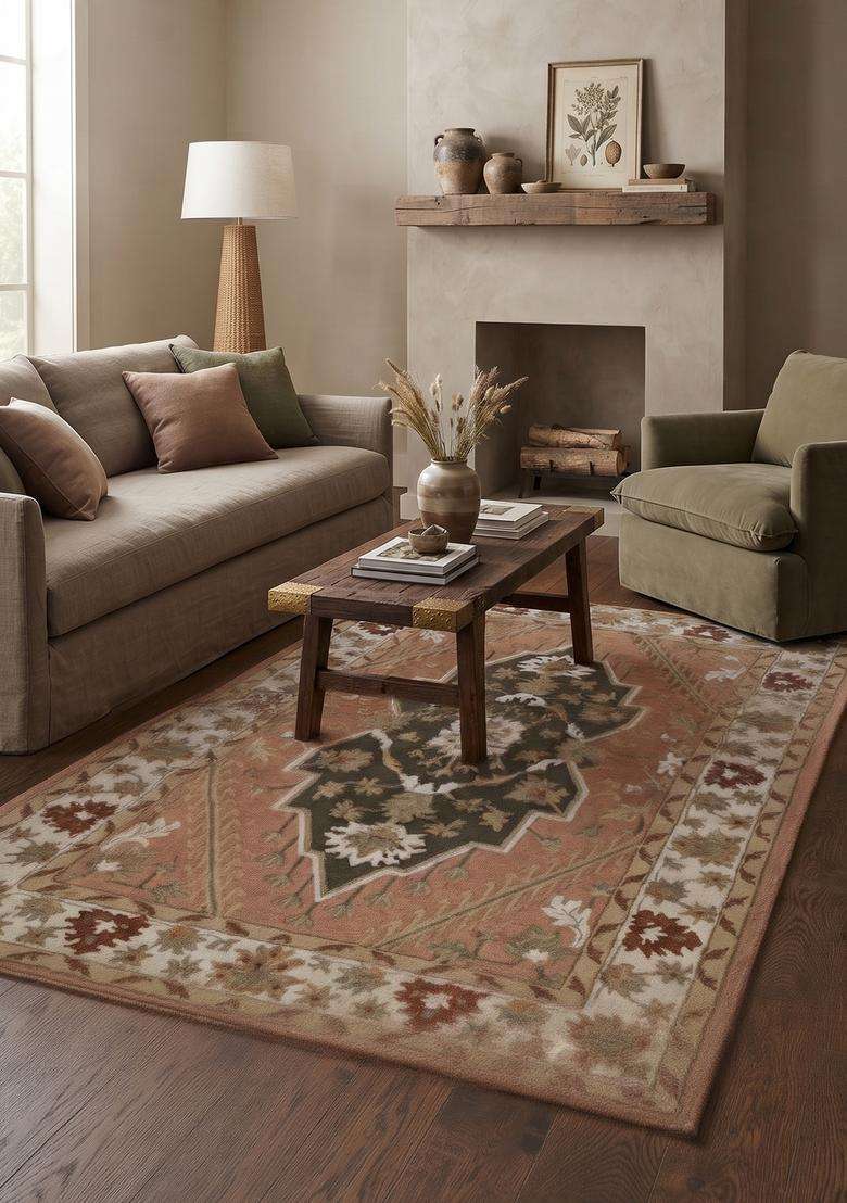 Saffron Rugs Hand-Tufted 100% Wool Area Rug | Terracotta Rectangular Rug | Cotton Backing | Oriental Floral Carpet for Living Room - Indya