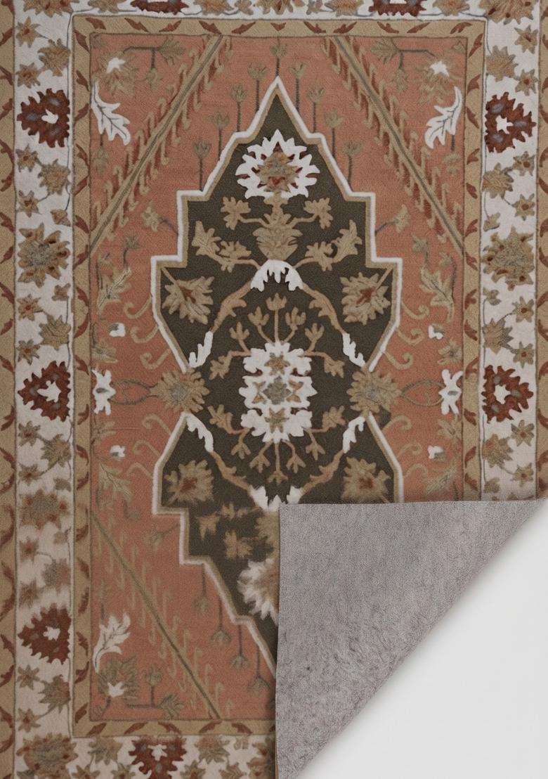 Saffron Rugs Terracotta Oriental Floral Hand Tufted Wool Rectangular Rug - Indya