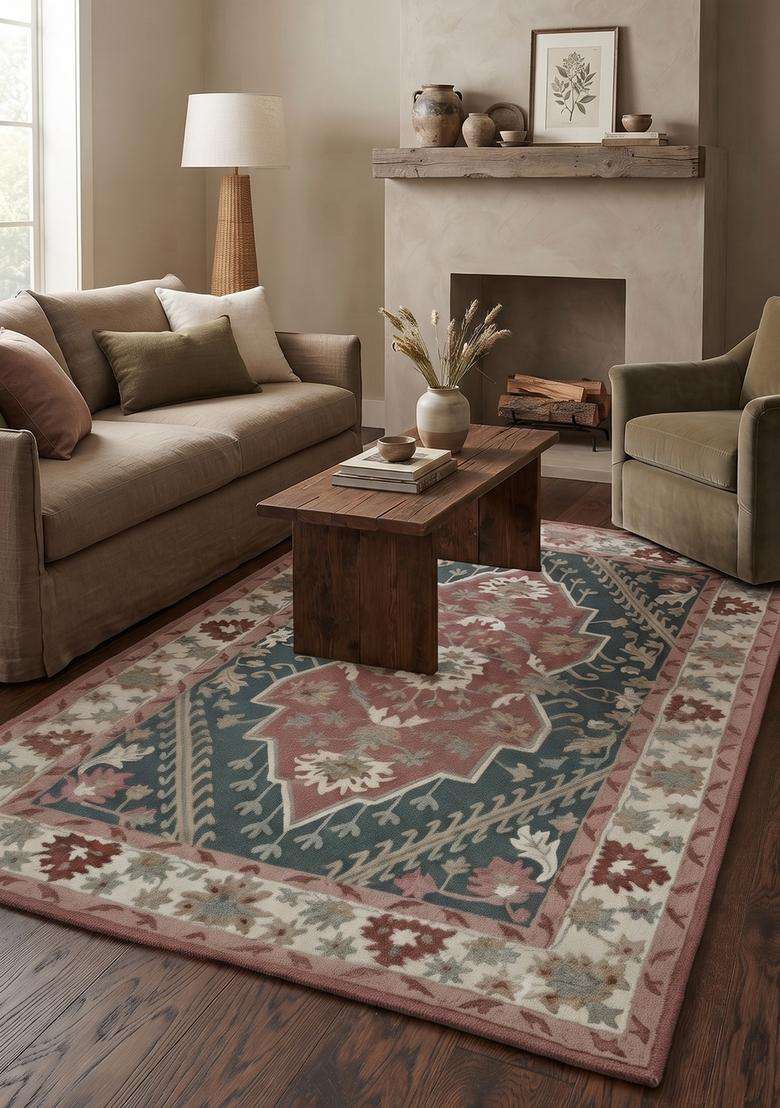 Saffron Rugs Dusty Blue Rose Oriental Floral Hand Tufted Wool Rectangular Rug - Indya