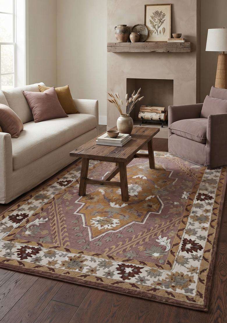 Saffron Rugs Dusty Mauve Oriental Floral Hand Tufted Wool Rectangular Rug - Indya