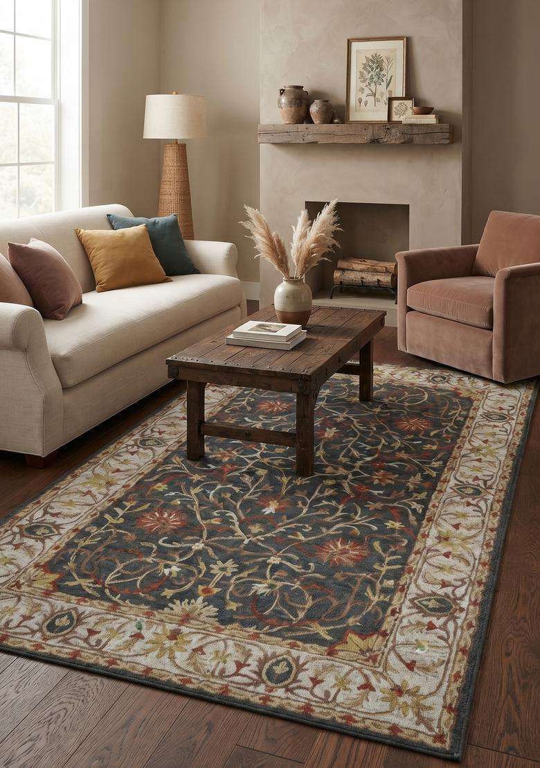 Saffron Rugs Hand-Tufted 100% Wool Area Rug | Dark Blue Grey Rectangular Rug | Cotton Backing | Classic Floral Carpet for Living Room - Indya