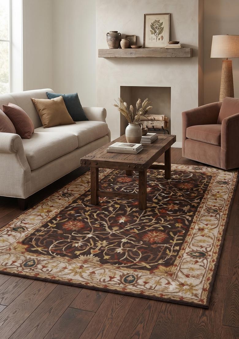 Saffron Rugs Dark Brown Oriental Floral Hand Tufted Wool Rectangular Rug - Indya