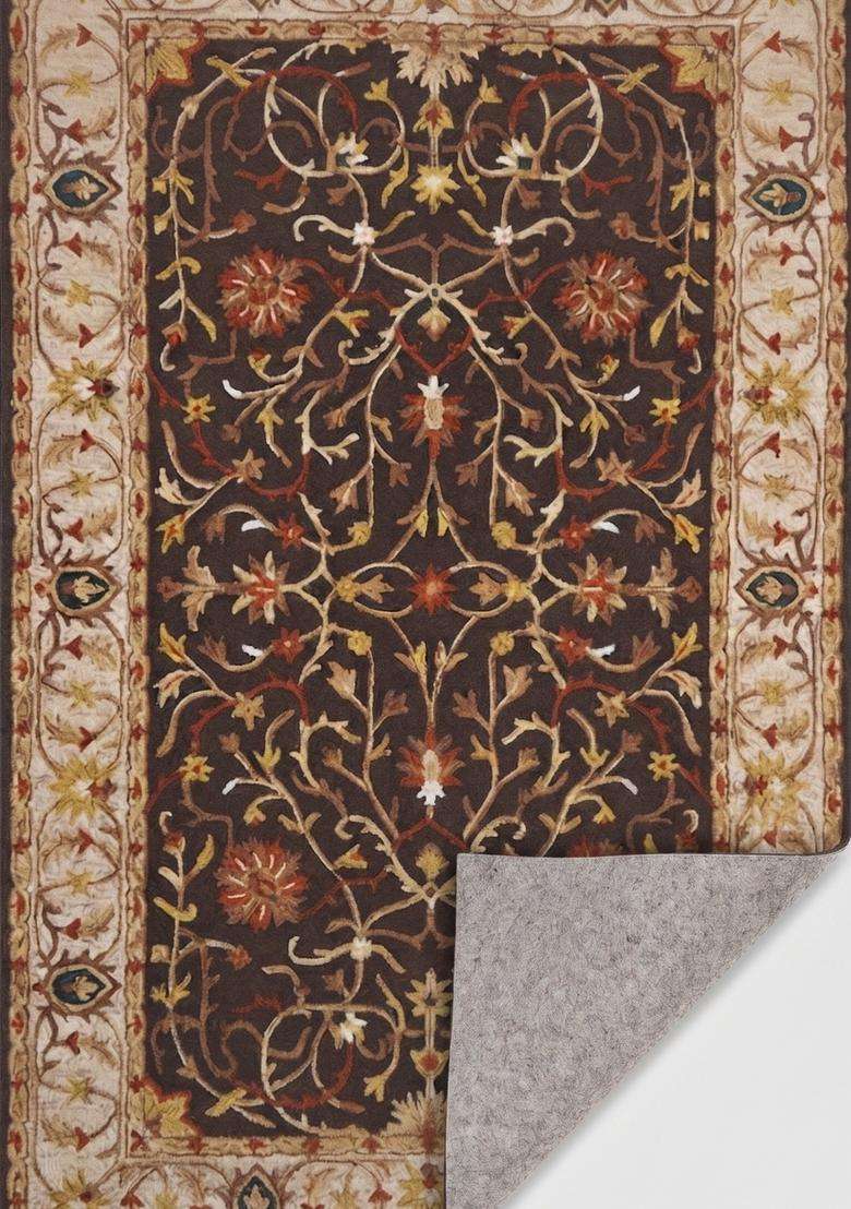 Saffron Rugs Hand-Tufted 100% Wool Area Rug | Dark Brown Rectangular Rug | Cotton Backing | Oriental Floral Carpet for Living Room - Indya