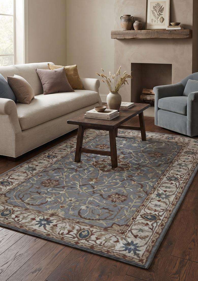 Saffron Rugs Hand-Tufted 100% Wool Area Rug | Blue Grey Rectangular Rug | Cotton Backing | Oriental Floral Carpet for Living Room - Indya