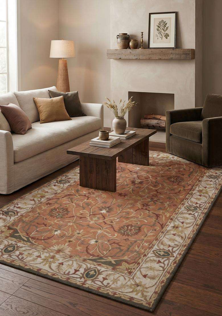Saffron Rugs Hand-Tufted 100% Wool Area Rug | Terracotta Rectangular Rug | Cotton Backing | Oriental Floral Carpet for Living Room - Indya