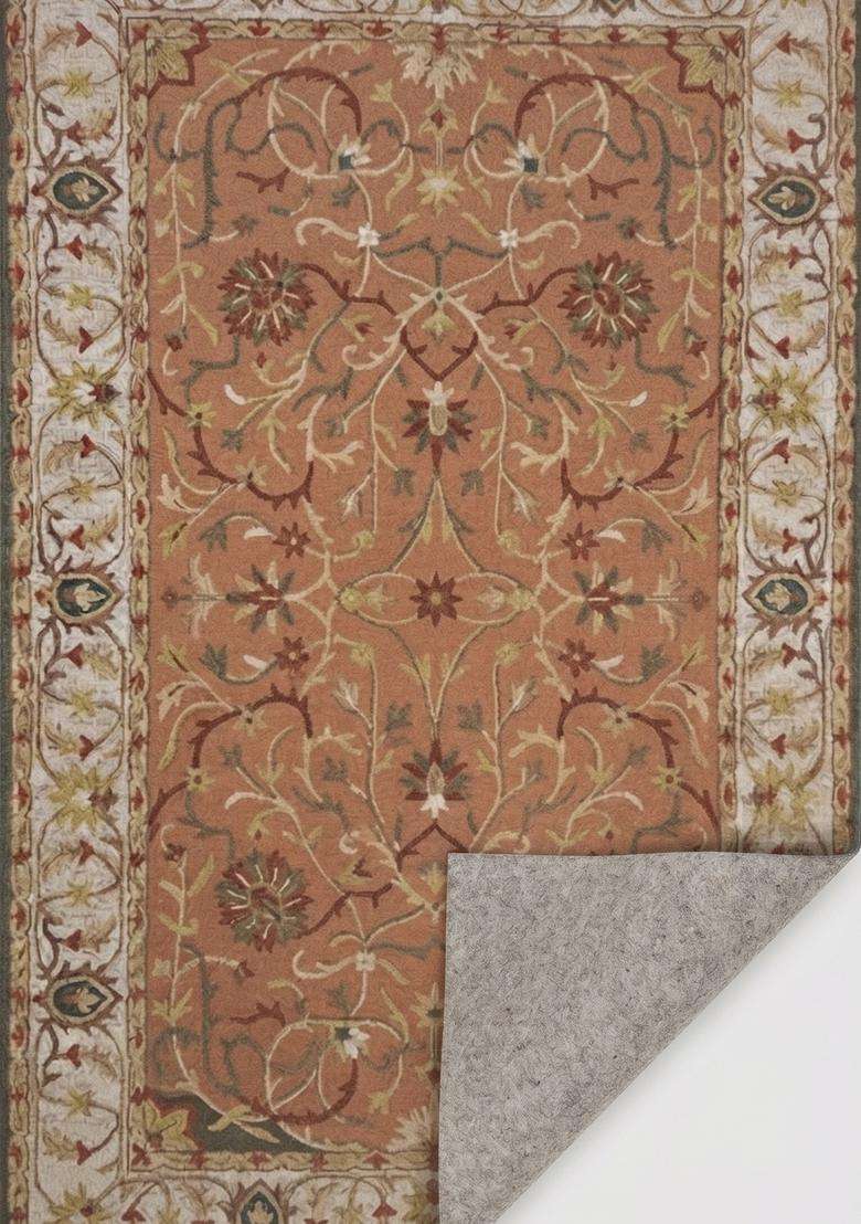 Saffron Rugs Terracotta Oriental Floral Hand Tufted Wool Rectangular Rug - Indya