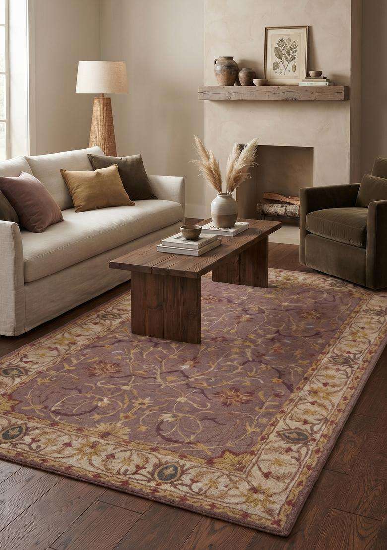 Saffron Rugs Hand-Tufted 100% Wool Area Rug | Dusty Mauve Rectangular Rug | Cotton Backing | Oriental Floral Carpet for Living Room - Indya