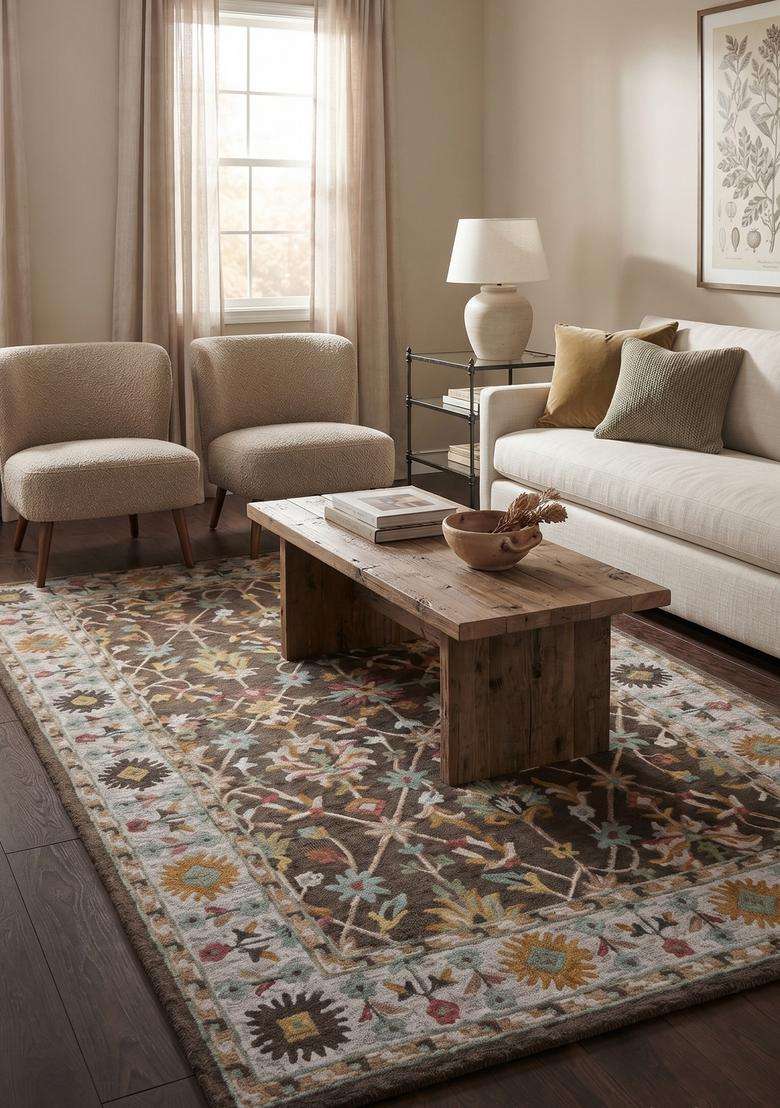 Saffron Rugs Hand-Tufted 100% Wool Area Rug | Dark Grey Rectangular Rug | Cotton Backing | Classic Floral Carpet for Living Room - Indya