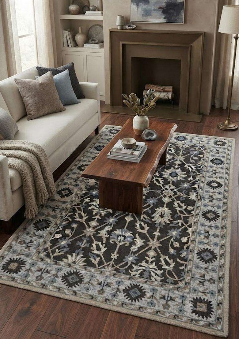 Saffron Rugs Hand-Tufted 100% Wool Area Rug | Charcoal Grey Rectangular Rug | Cotton Backing | Oriental Floral Carpet for Living Room - Indya