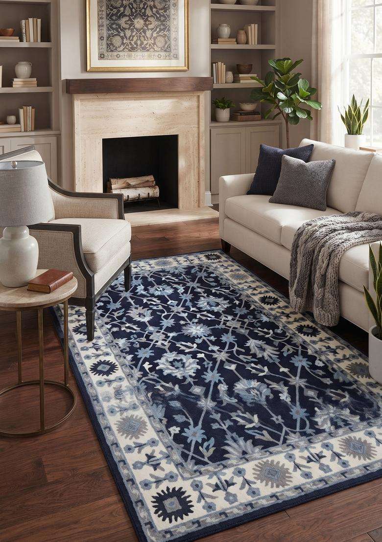 Saffron Rugs Hand-Tufted 100% Wool Area Rug | Navy Blue Rectangular Rug | Cotton Backing | Oriental Floral Carpet for Living Room - Indya