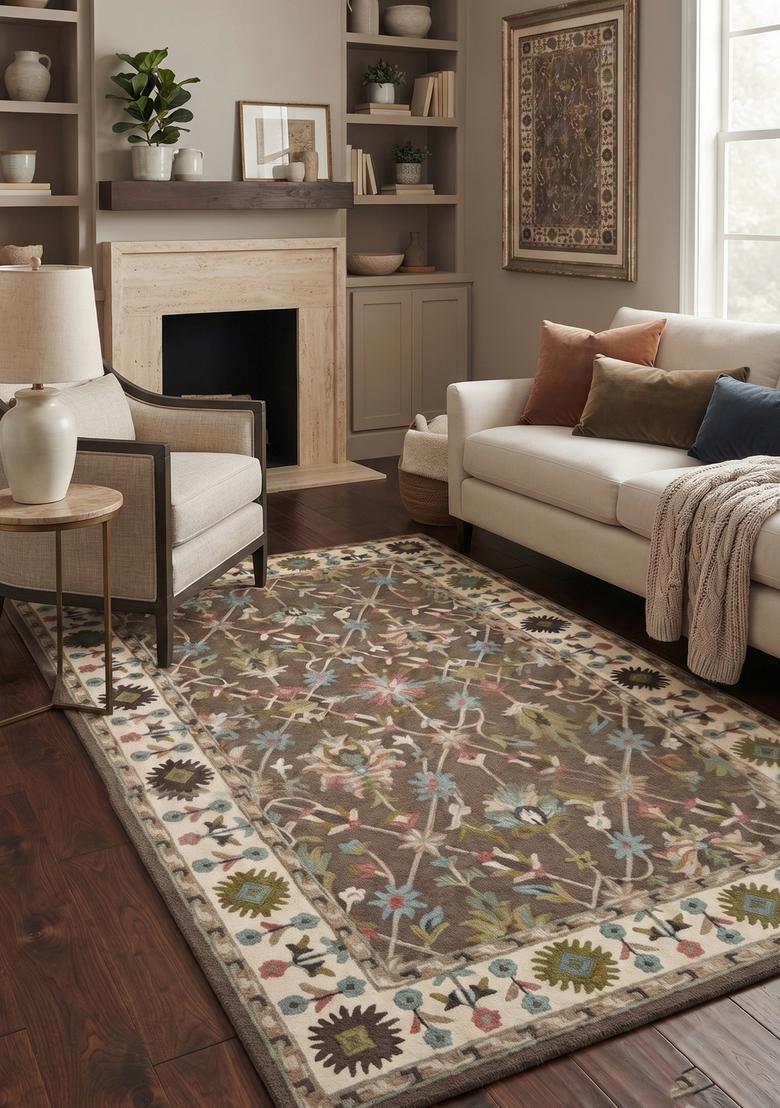 Saffron Rugs Warm Brown Oriental Floral Hand Tufted Wool Rectangular Rug - Indya