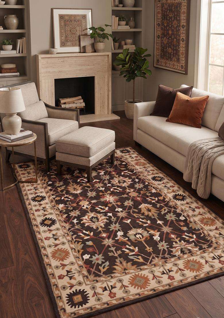 Saffron Rugs Hand-Tufted 100% Wool Area Rug | Dark Brown Rectangular Rug | Cotton Backing | Oriental Floral Carpet for Living Room - Indya