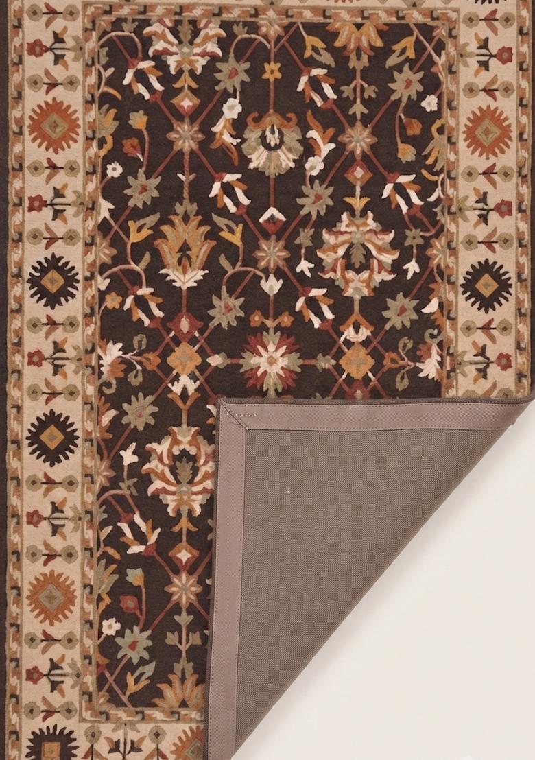 Saffron Rugs Dark Brown Oriental Floral Hand Tufted Wool Rectangular Rug - Indya