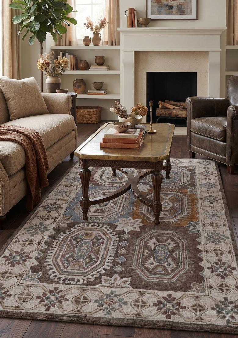 Saffron Rugs Brown Oriental Geometric Hand Tufted Wool Rectangular Rug - Indya