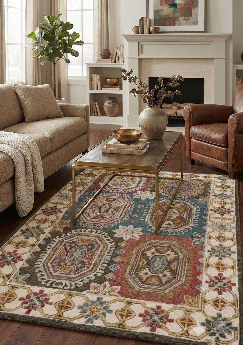 Saffron Rugs Multicolor Classic Geometric Hand Tufted Wool Rectangular Rug - Indya