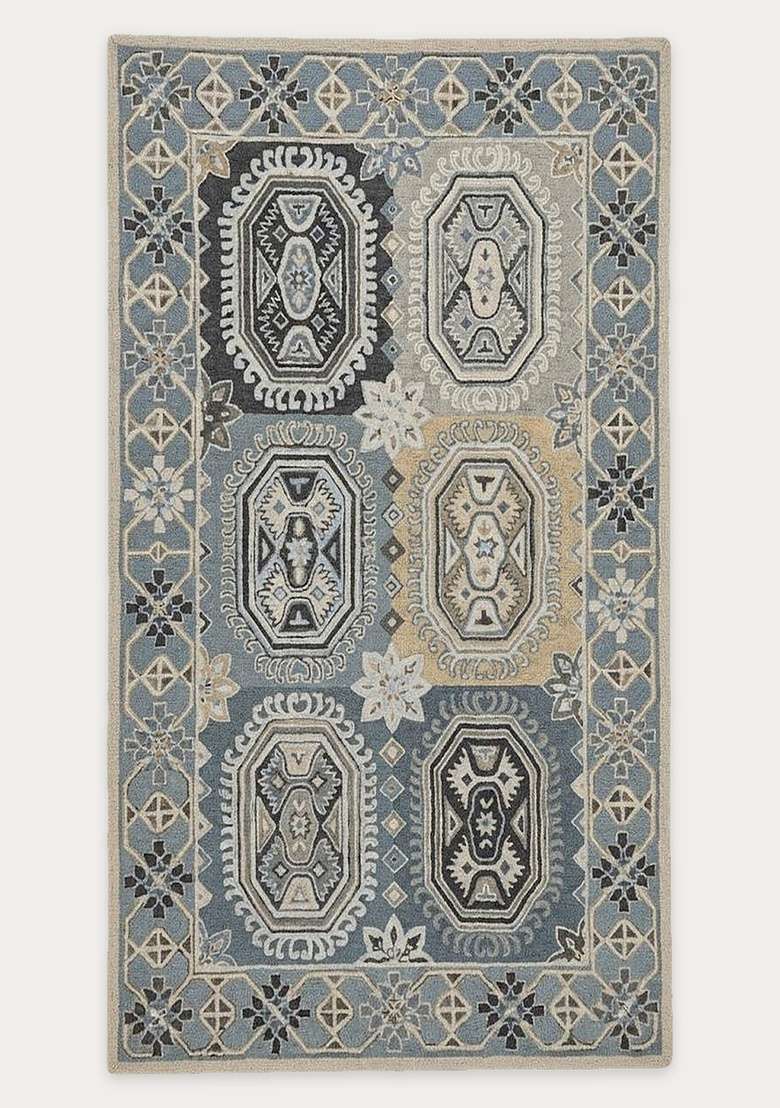 Saffron Rugs Hand-Tufted 100% Wool Area Rug | Blue Grey Rectangular Rug | Cotton Backing | Classic Geometric Carpet for Living Room - Indya