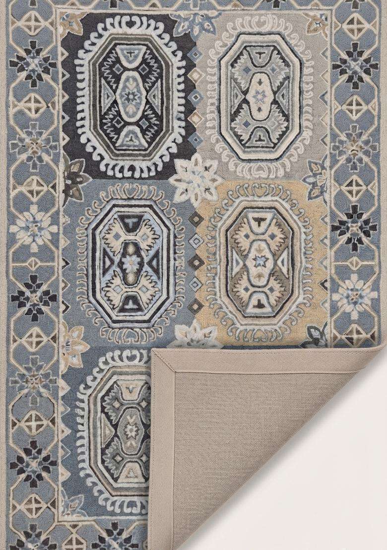 Saffron Rugs Hand-Tufted 100% Wool Area Rug | Blue Grey Rectangular Rug | Cotton Backing | Classic Geometric Carpet for Living Room - Indya