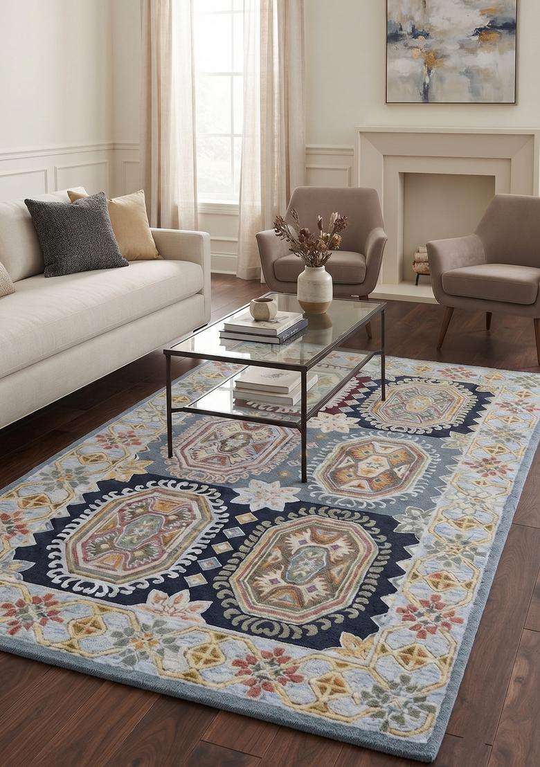 Saffron Rugs Light Blue Multicolor Classic Geometric Hand Tufted Wool Rectangular Rug - Indya
