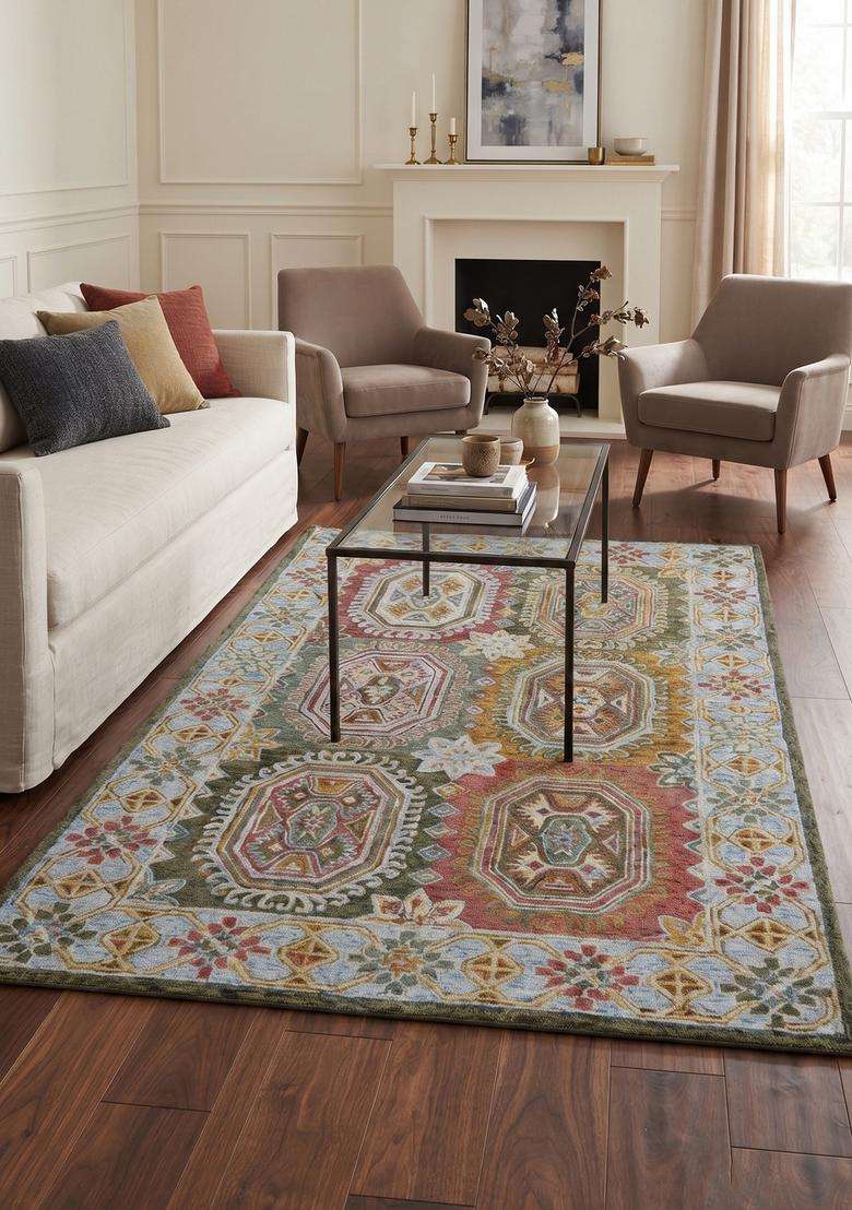 Saffron Rugs Hand-Tufted 100% Wool Area Rug | Multicolor Rectangular Rug | Cotton Backing | Oriental Geometric Carpet for Living Room - Indya