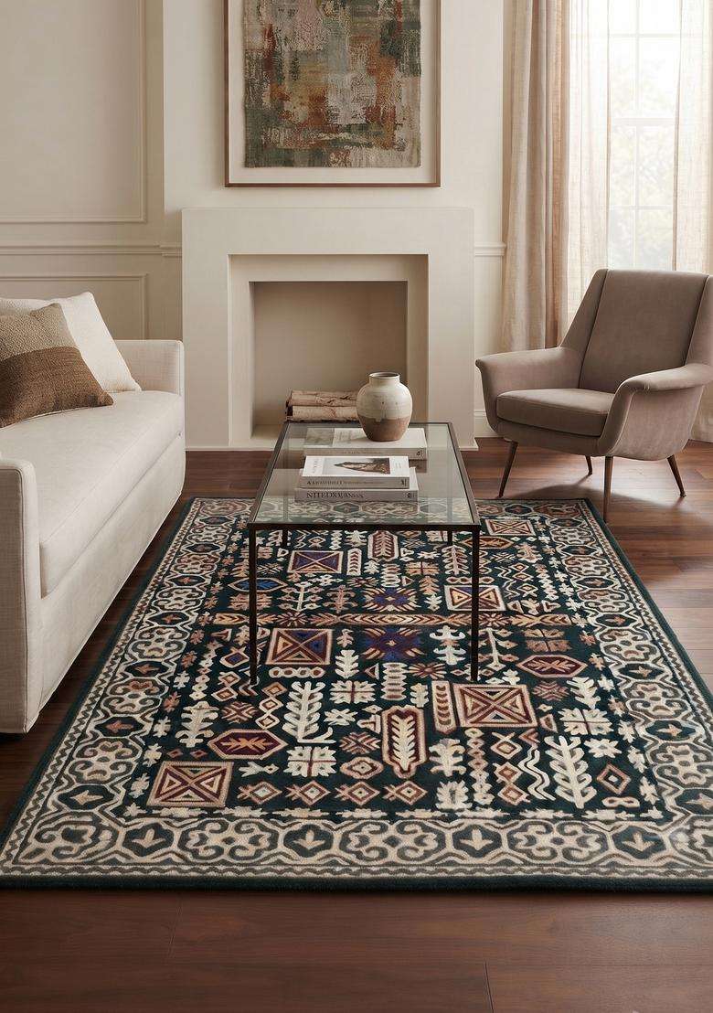 Saffron Rugs Hand-Tufted 100% Wool Area Rug | Dark Green Rectangular Rug | Cotton Backing | Oriental Geometric Carpet for Living Room - Indya