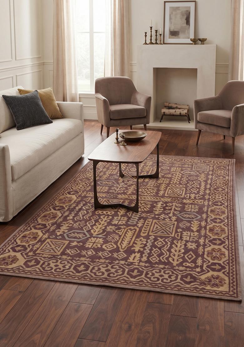Saffron Rugs Brown Bohemian Geometric Hand Tufted Wool Rectangular Rug - Indya