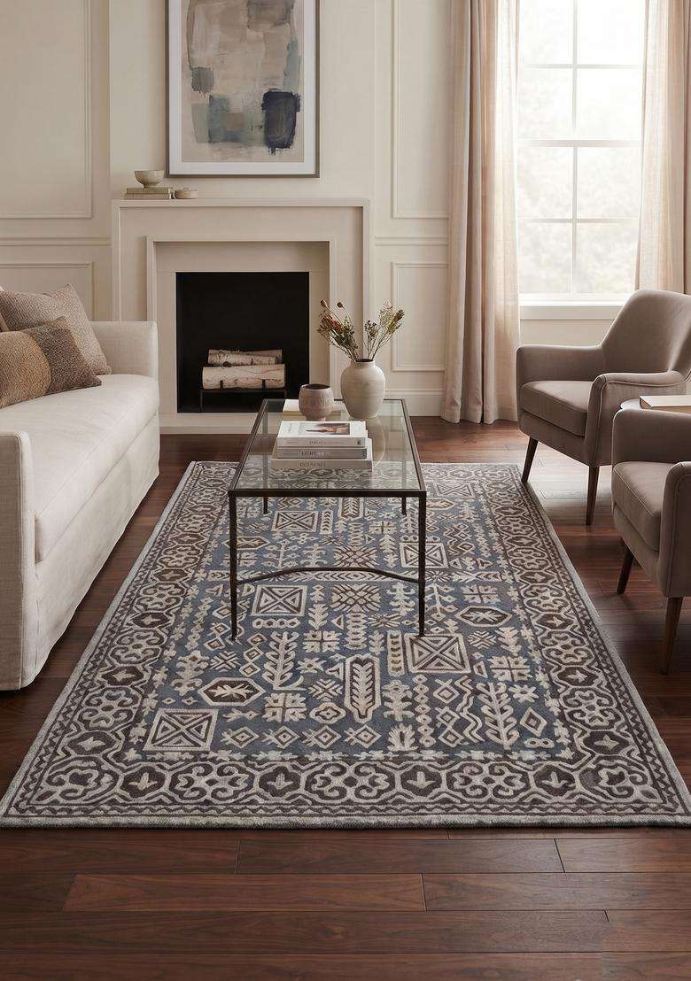 Saffron Rugs Hand-Tufted 100% Wool Area Rug | Grey Blue Rectangular Rug | Cotton Backing | Bohemian Geometric Carpet for Living Room - Indya