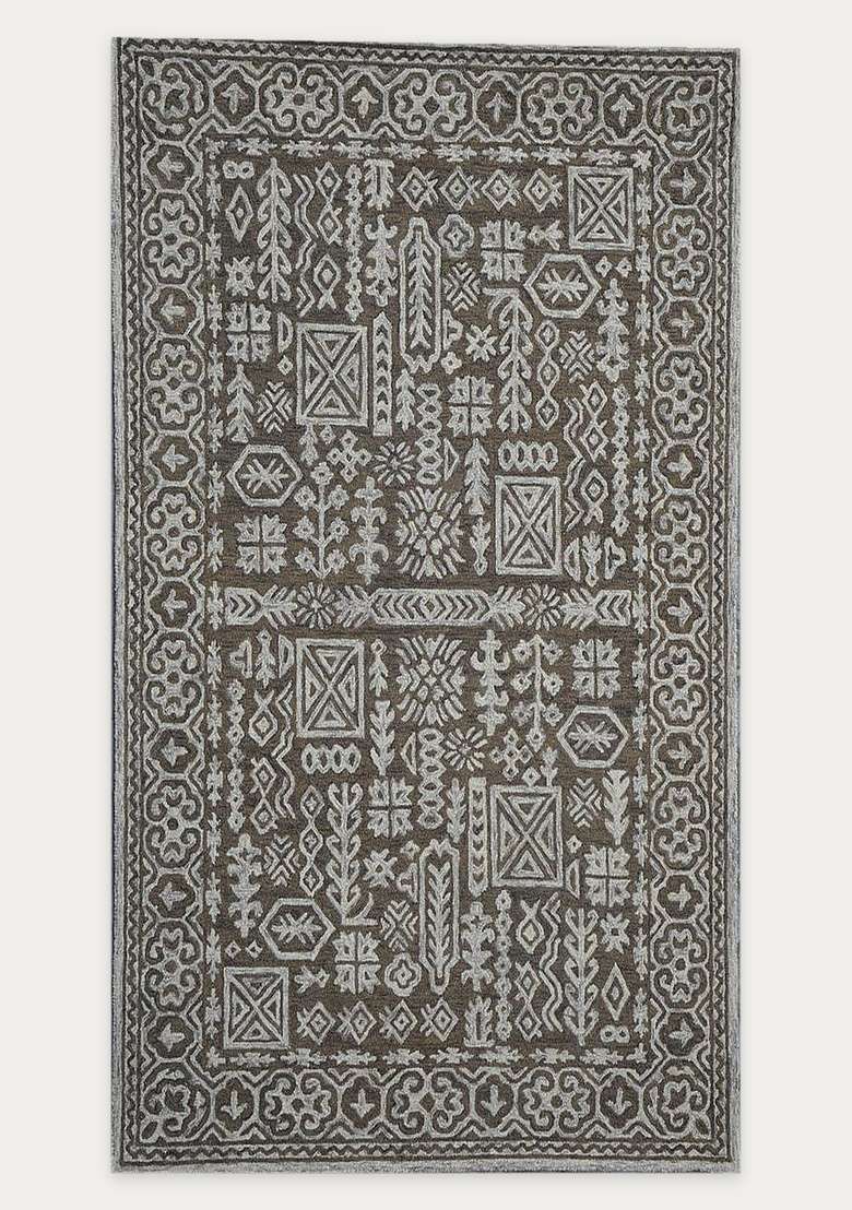 Saffron Rugs Dark Grey Bohemian Geometric Hand Tufted Wool Rectangular Rug - Indya