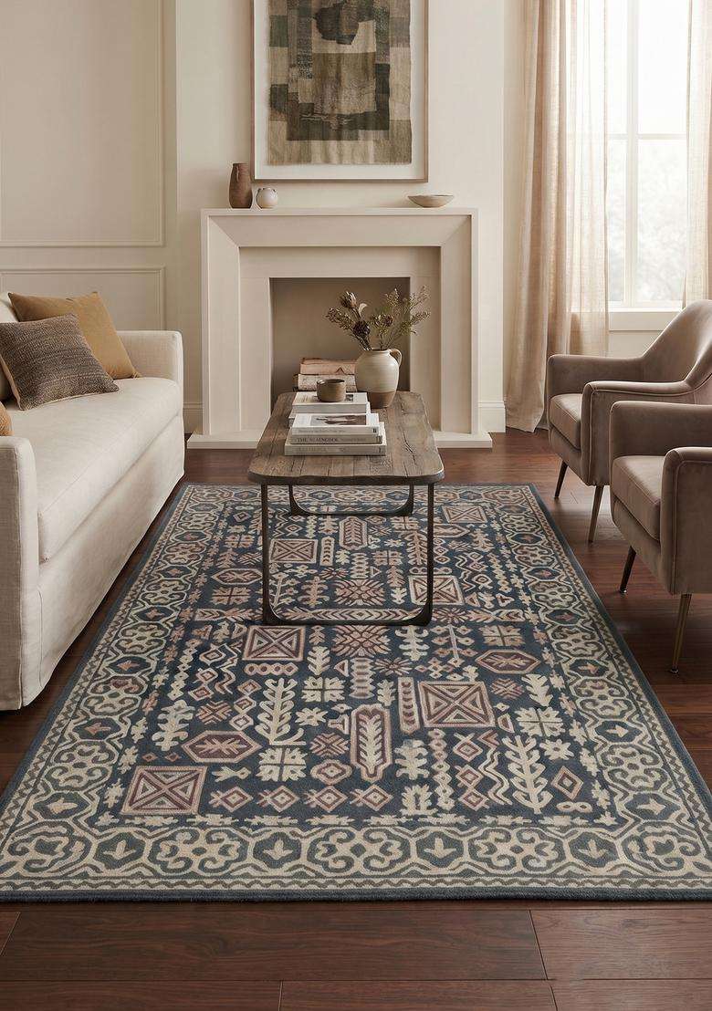 Saffron Rugs Hand-Tufted 100% Wool Area Rug | Dark Teal Rectangular Rug | Cotton Backing | Bohemian Geometric Carpet for Living Room - Indya