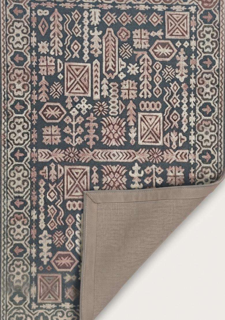 Saffron Rugs Dark Teal Bohemian Geometric Hand Tufted Wool Rectangular Rug - Indya