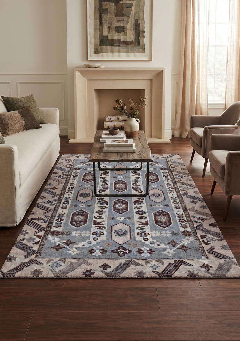 Saffron Rugs Hand-Tufted 100% Wool Area Rug | Steel Blue Rectangular Rug | Cotton Backing | Oriental Floral Carpet for Living Room - Indya
