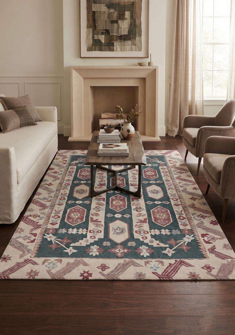 Saffron Rugs Hand-Tufted 100% Wool Area Rug | Teal and Cream Rectangular Rug | Cotton Backing | Oriental Floral Carpet for Living Room - Indya