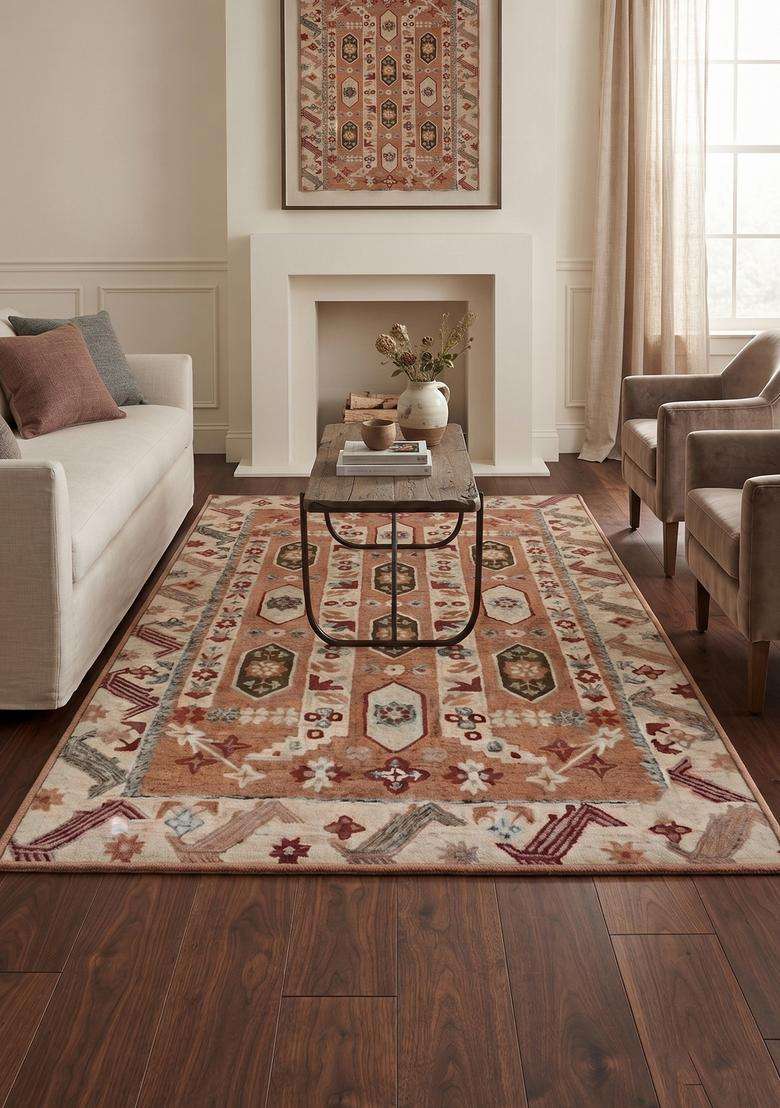 Saffron Rugs Terracotta Oriental Geometric Hand Tufted Wool Rectangular Rug - Indya