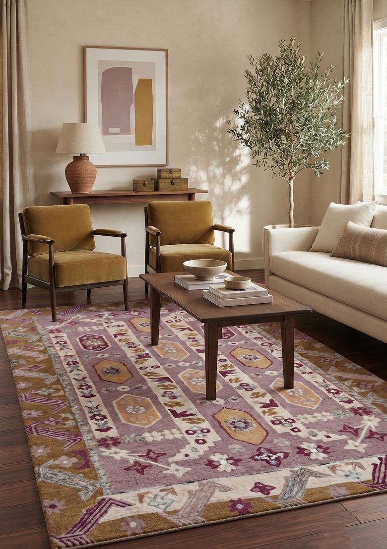 Saffron Rugs Hand-Tufted 100% Wool Area Rug | Mauve Purple Rectangular Rug | Cotton Backing | Oriental Geometric Carpet for Living Room - Indya