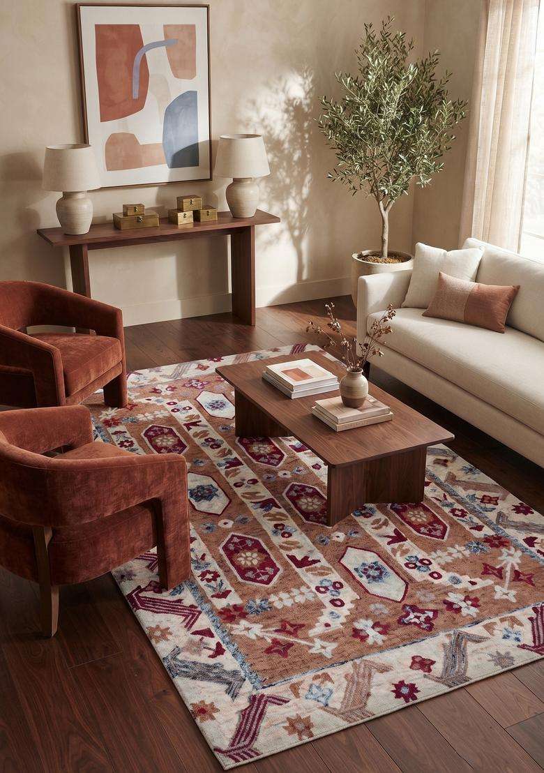 Saffron Rugs Terracotta Orange Oriental Geometric Hand Tufted Wool Rectangular Rug - Indya