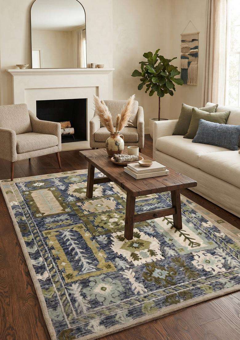 Saffron Rugs Hand-Tufted 100% Wool Area Rug | Navy Blue Rectangular Rug | Cotton Backing | Oriental Geometric Carpet for Living Room - Indya