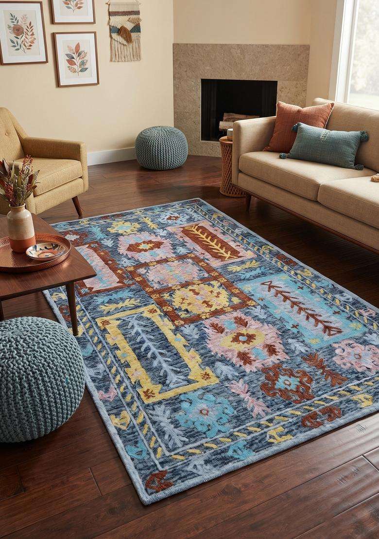 Saffron Rugs Hand-Tufted 100% Wool Area Rug | Blue Multicolor Rectangular Rug | Cotton Backing | Bohemian Geometric Carpet for Living Room - Indya