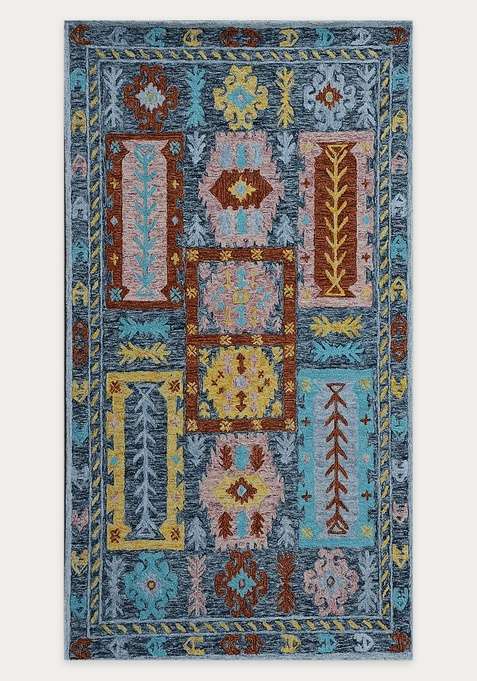 100% Wool Handmade Blue Multicolor Rug | Bohemian Geometric Carpet With Cotton Backing For Living Room