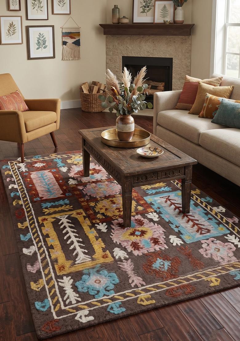 Saffron Rugs Brown Bohemian Geometric Hand Tufted Wool Rectangular Rug - Indya