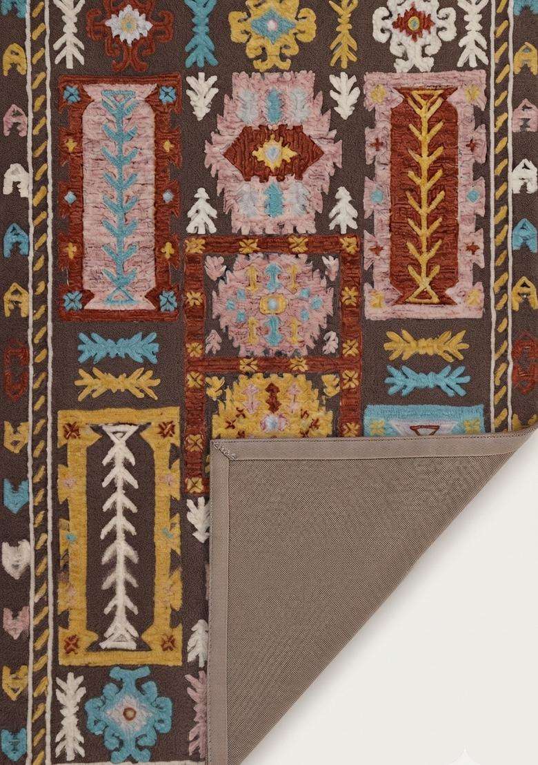Saffron Rugs Hand-Tufted 100% Wool Area Rug | Brown Rectangular Rug | Cotton Backing | Bohemian Geometric Carpet for Living Room - Indya
