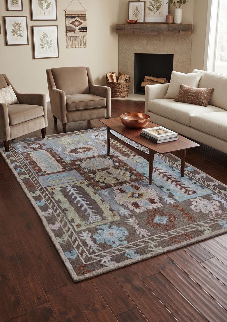 Saffron Rugs Grey Blue Brown Transitional Geometric Hand Tufted Wool Rectangular Rug - Indya