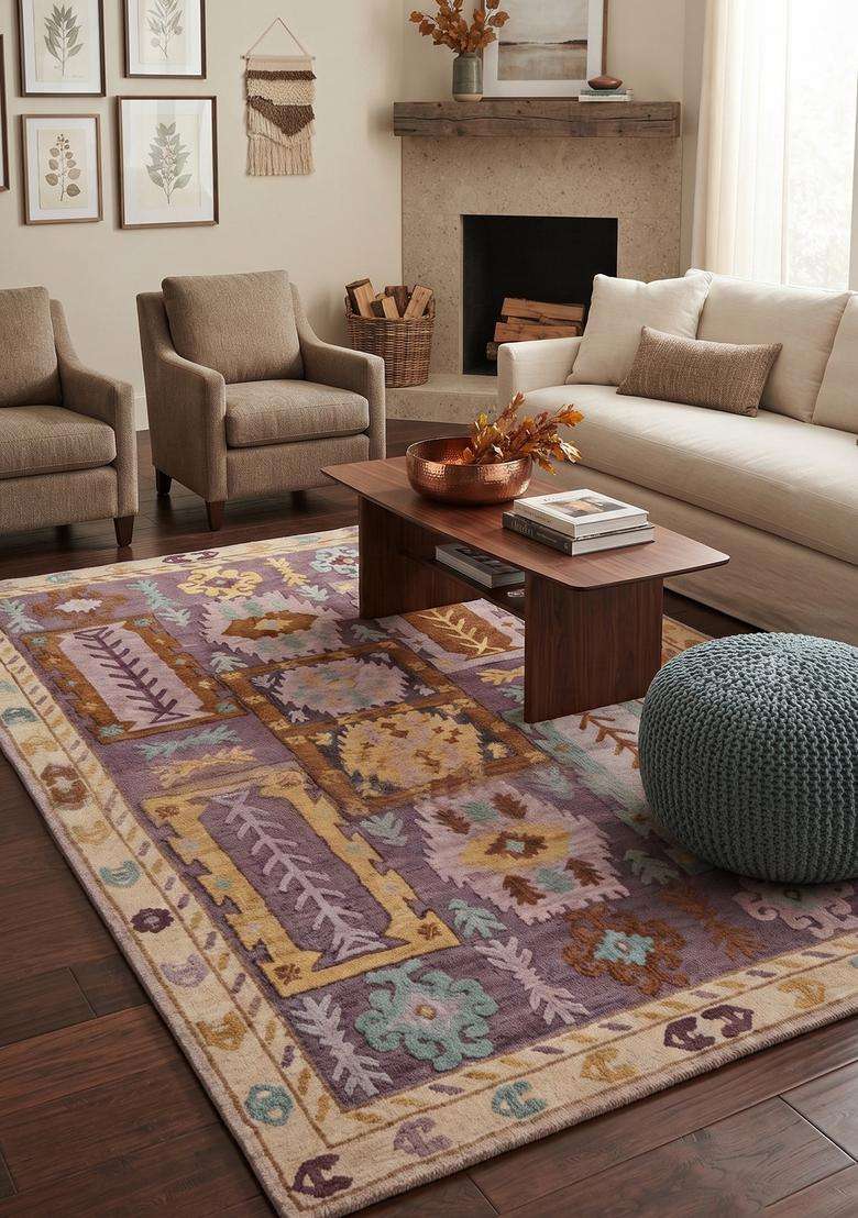 Saffron Rugs Mauve Purple Bohemian Geometric Hand Tufted Wool Rectangular Rug - Indya