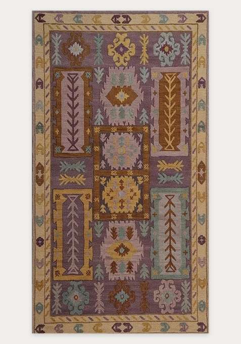 100% Wool Handmade Mauve Purple Rug | Bohemian Geometric Carpet With Cotton Backing For Living Room