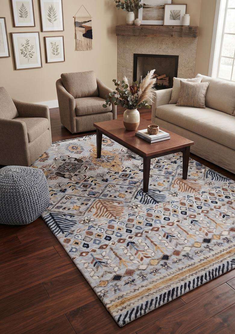 Saffron Rugs Hand-Tufted 100% Wool Area Rug | Multicolor Rectangular Rug | Cotton Backing | Bohemian Geometric Carpet for Living Room - Indya